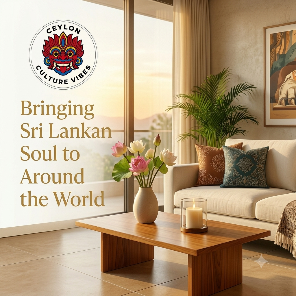 A warm, elegant living room with Sri Lankan-inspired cushions, lotus flowers, and the Ceylon Culture Vibes logo. Text reads: “Bringing Sri Lankan Soul to