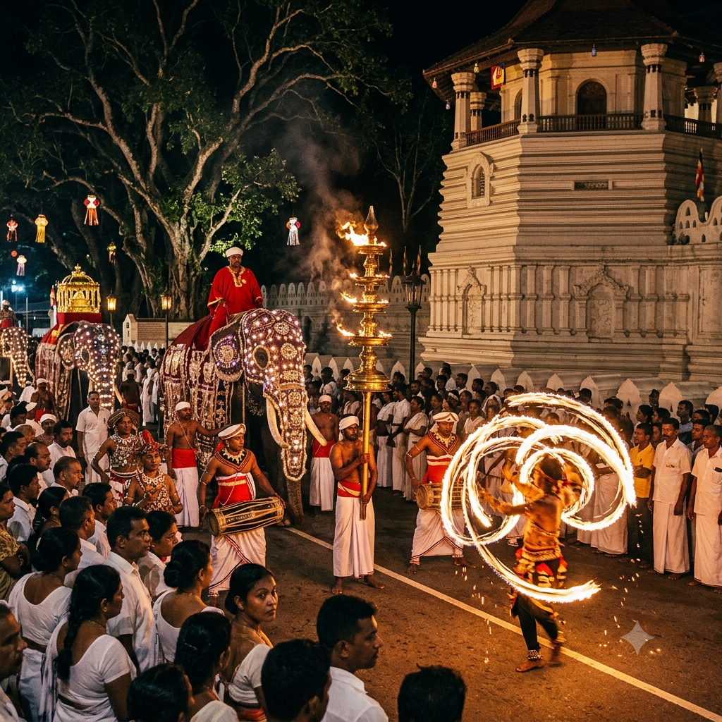Kandyan dancers performing in traditional costume with silver headdress, white robes, and ankle bells at the Esala Perahera festival in Kandy, Sri Lanka