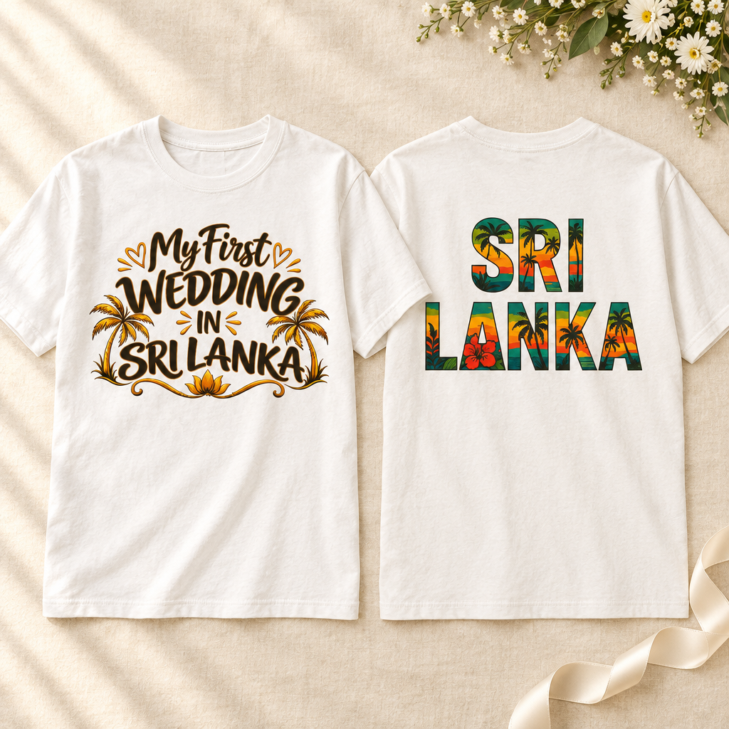 Unisex T-shirt front with My First Wedding in Sri Lanka design and back with tropical Sri Lanka lettering, shown together on ivory linen — Ceylon Culture Vibes