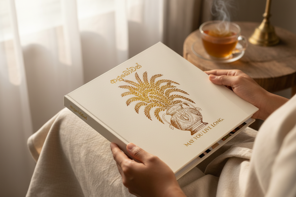 Ayubowan hardcover photo book held in hands with Ceylon tea in background — Ceylon Culture Vibes