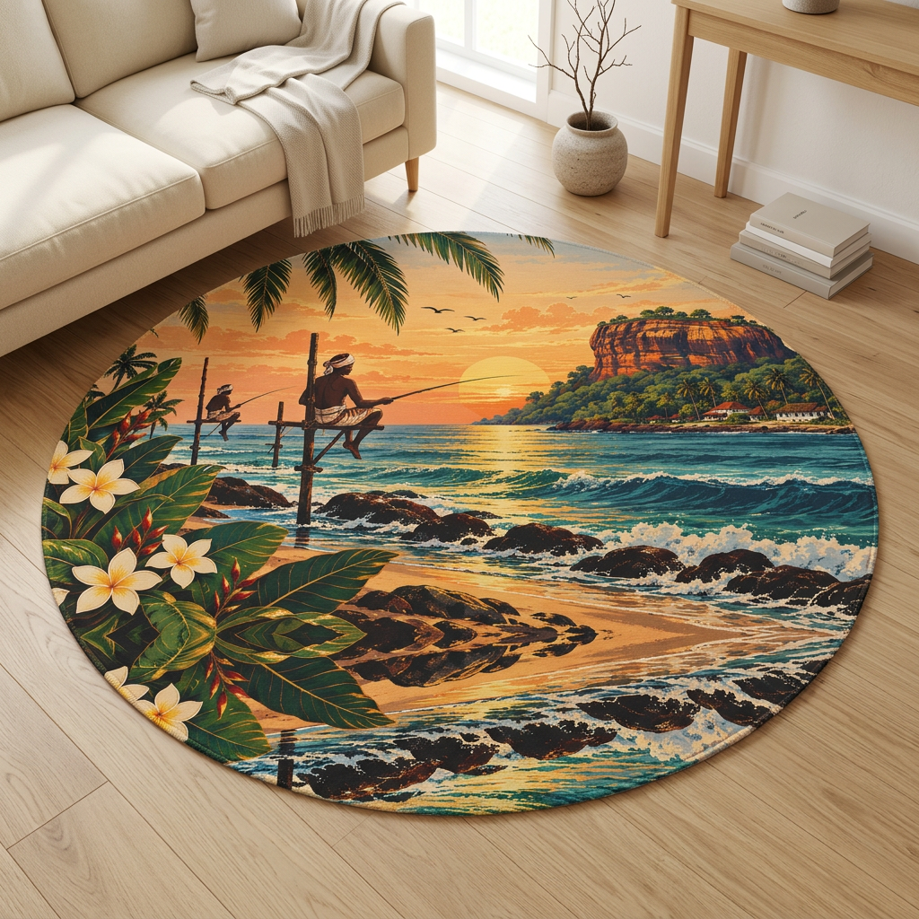 Sri Lanka Sunset Round Rug – Stilt Fisherman