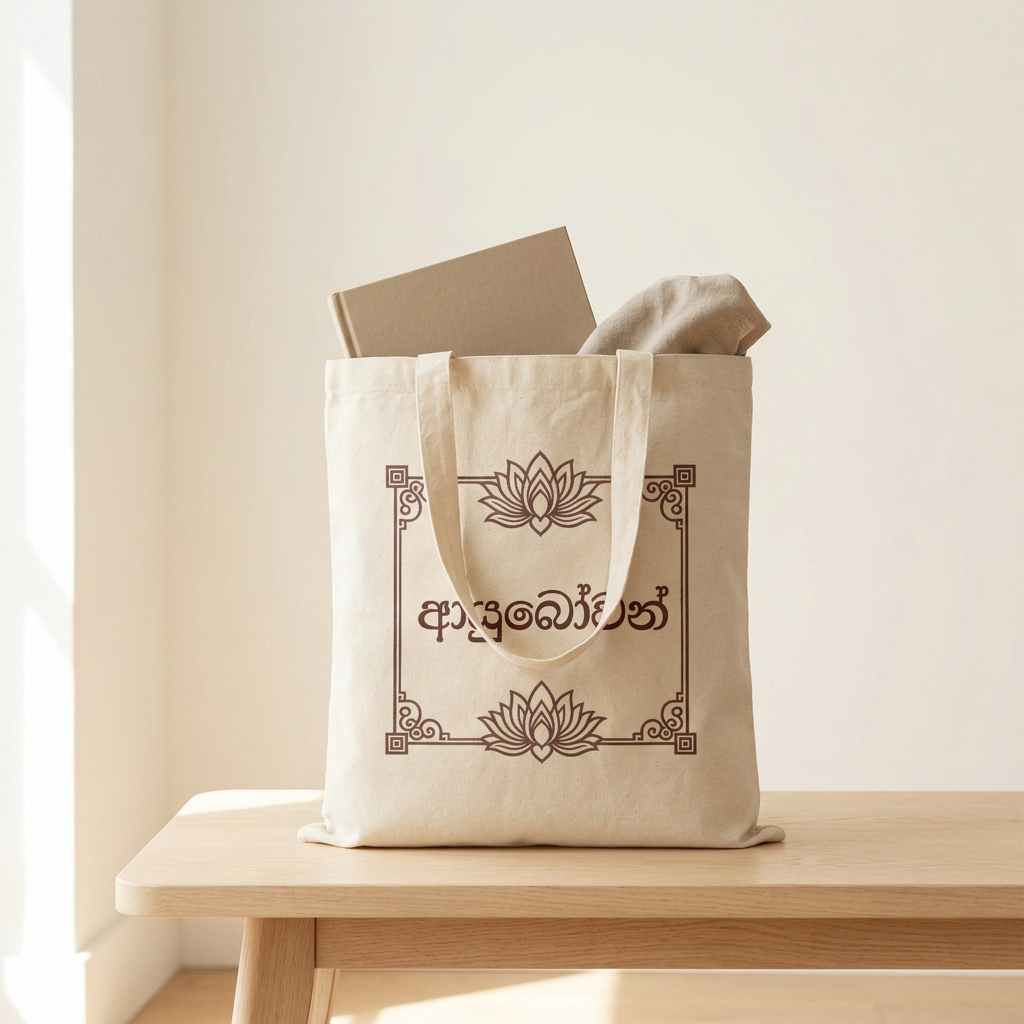 Ayubowan Lotus Canvas Tote Bag | Sinhala Script Gift