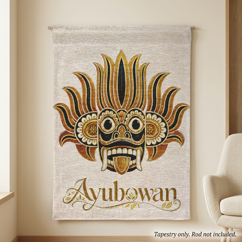 Ayubowan Raksha Mask Woven Wall Tapestry | Sri Lankan Gift