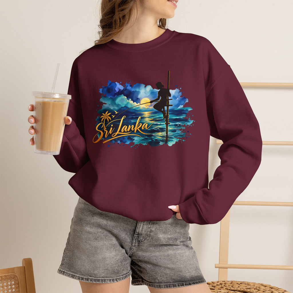 Sri Lanka Surf Crewneck Sweatshirt - Watercolor Stilt Fisherman Graphic