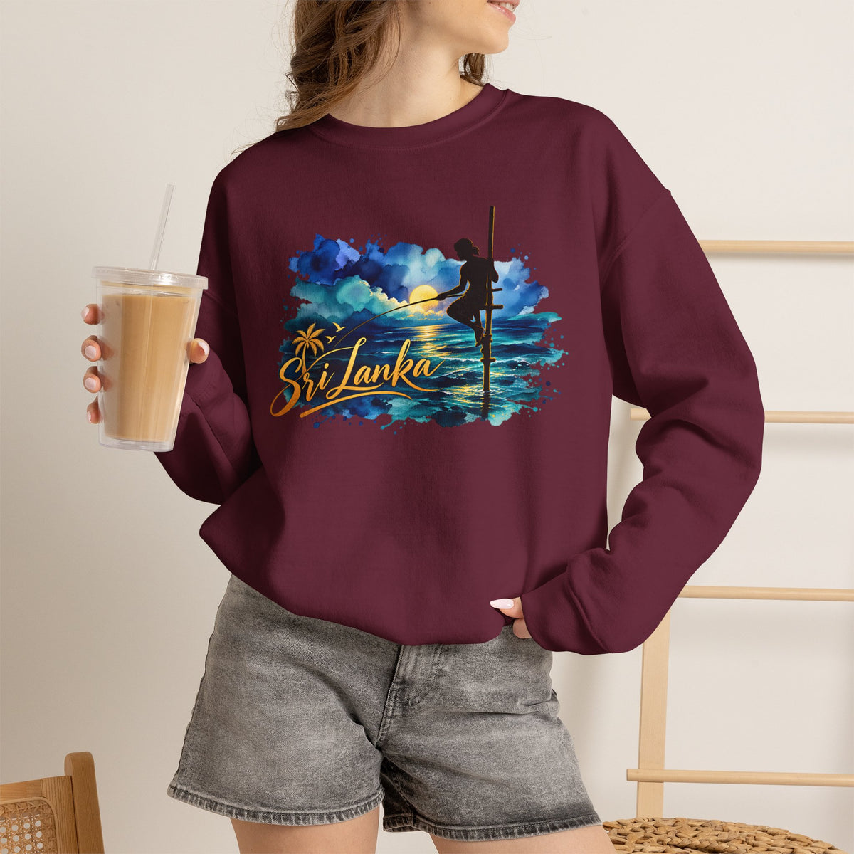 Sri Lanka Surf Crewneck Sweatshirt - Watercolor Stilt Fisherman Graphic