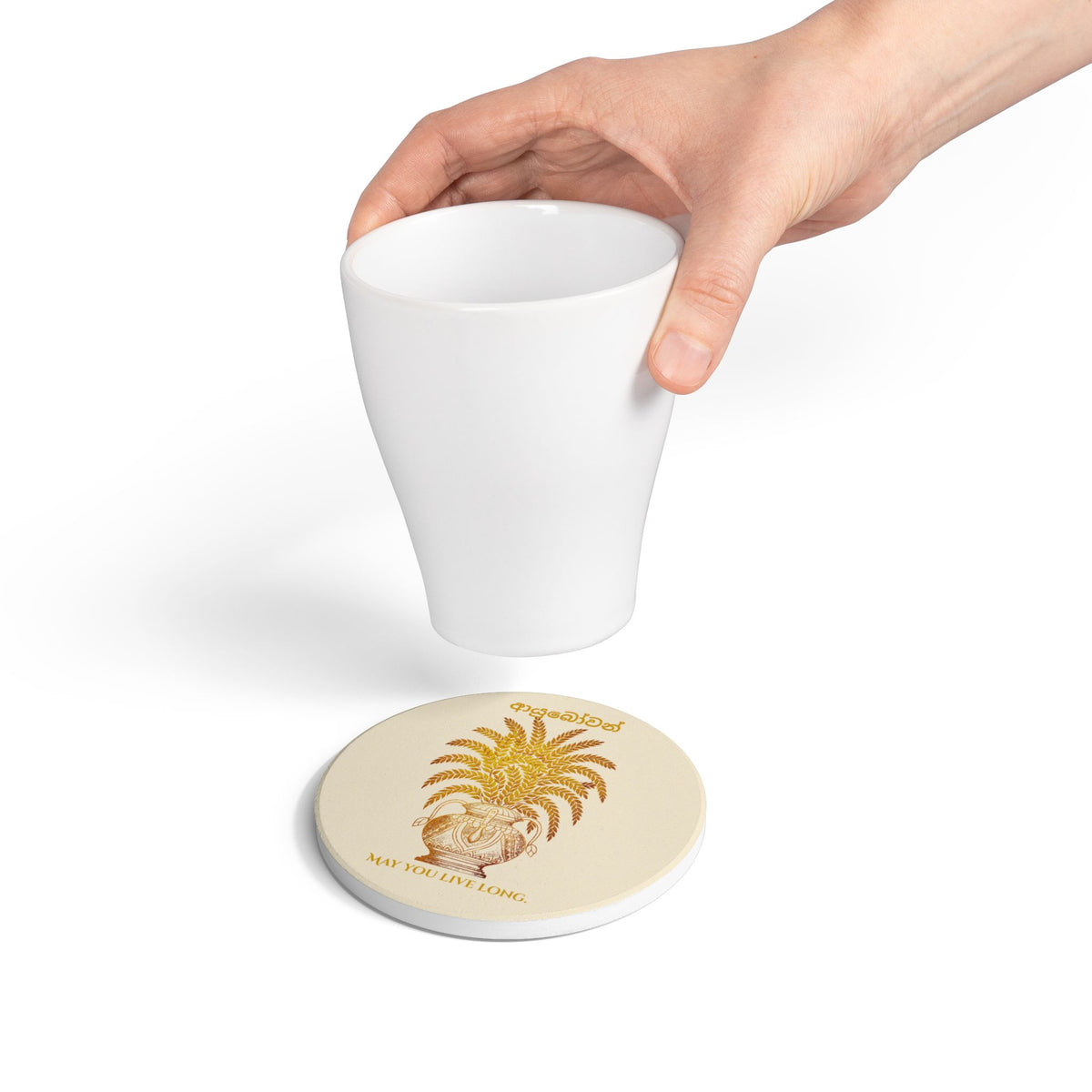 Ayubowan Punkalasa Round Ceramic Coaster Sri Lankan Gold Blessing May You Live Long Drink Coaster
