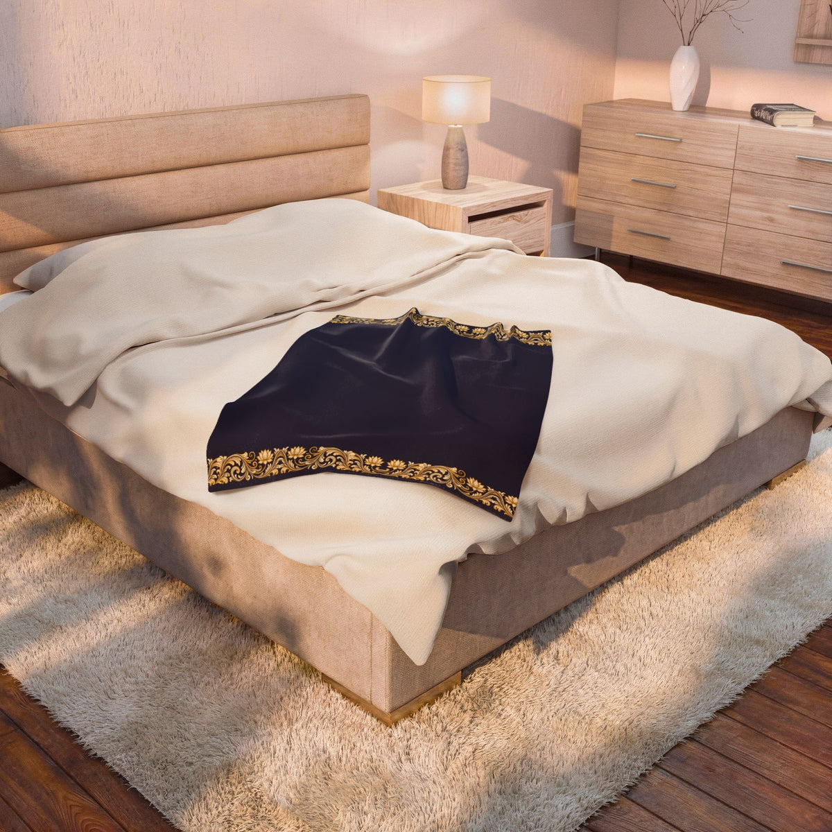 Navy & Gold Floral Border Velveteen Plush Blanket