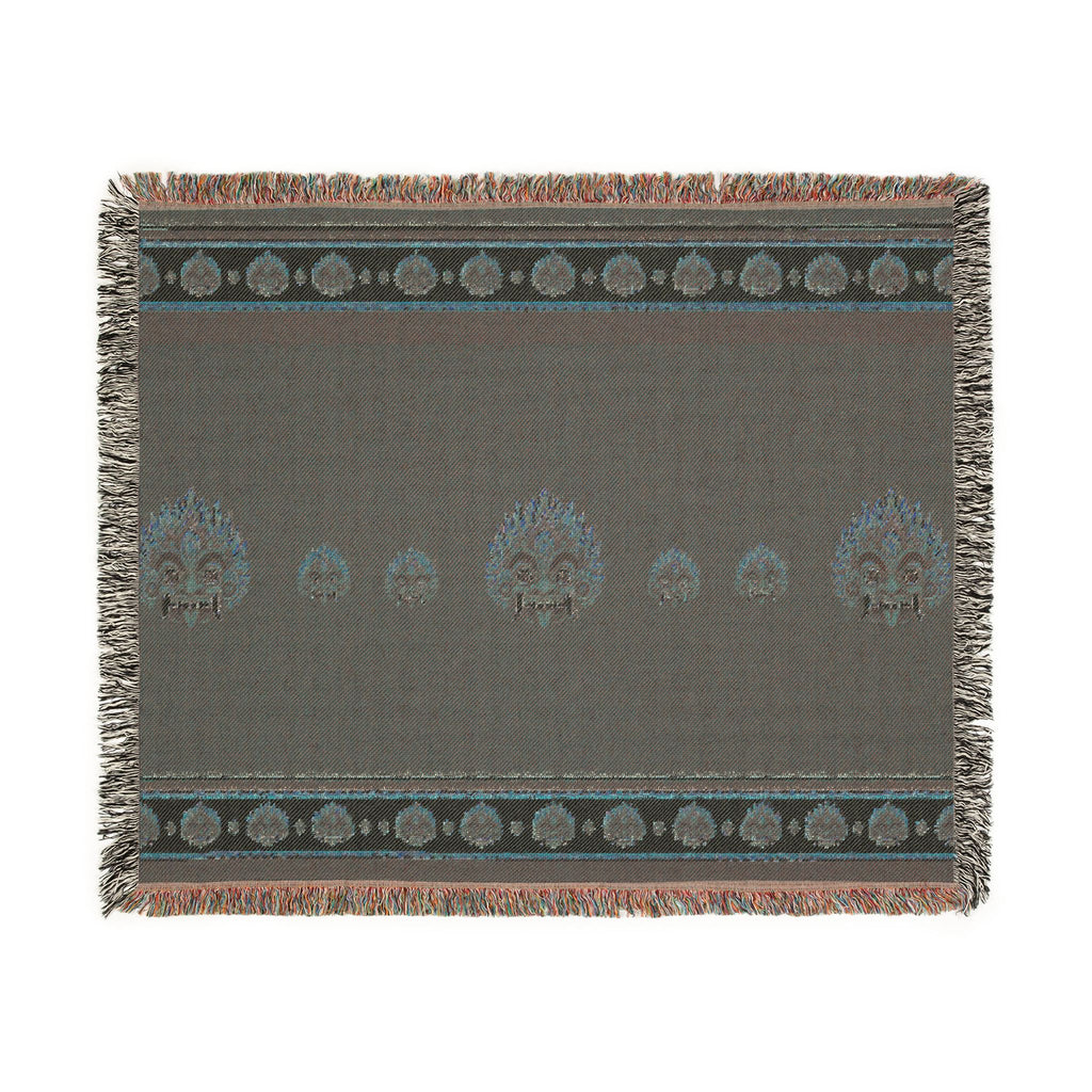 Raksha Mask Woven Throw Blanket Sri Lankan Devil Dance Heritage Fringe Blanket