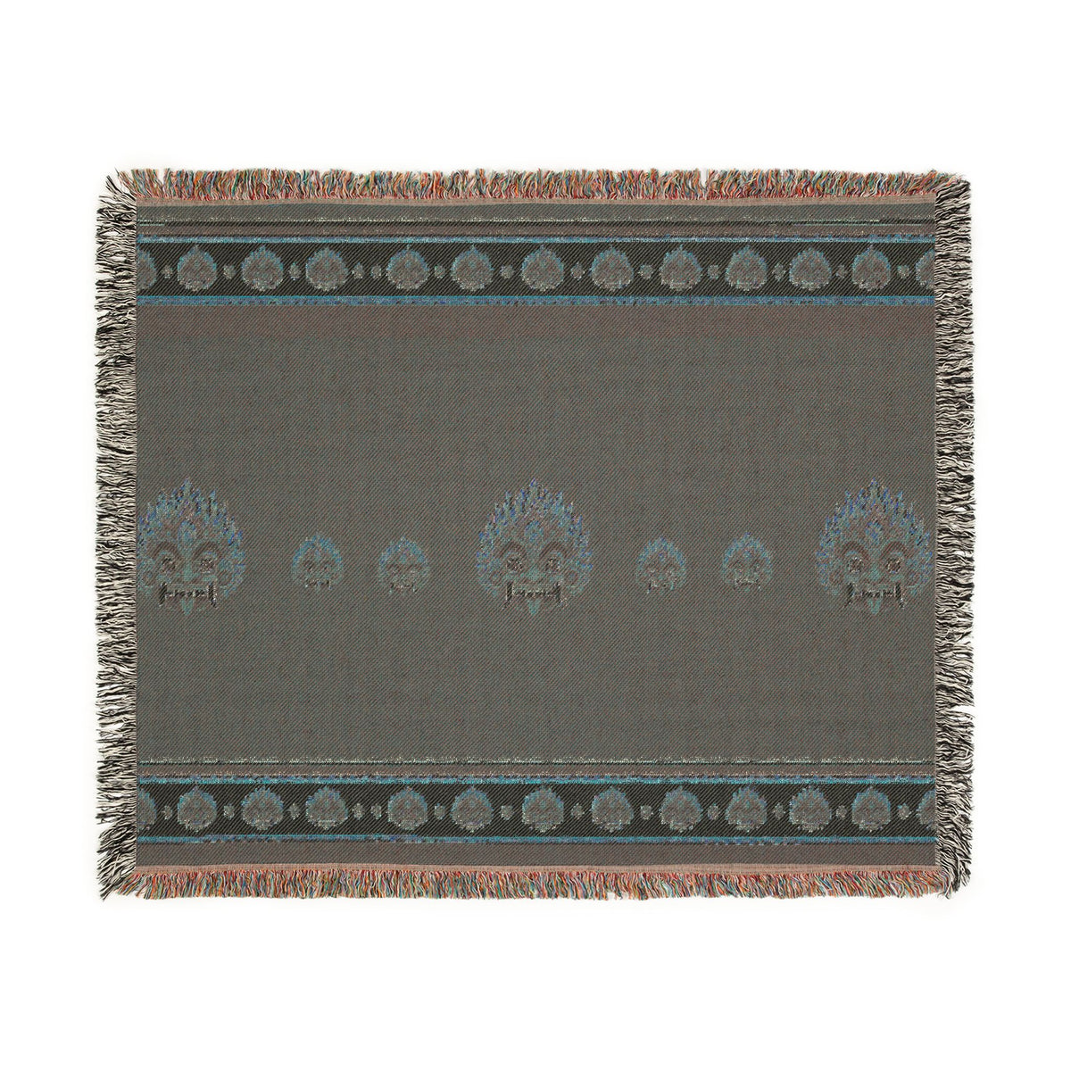 Raksha Mask Woven Throw Blanket Sri Lankan Devil Dance Heritage Fringe Blanket