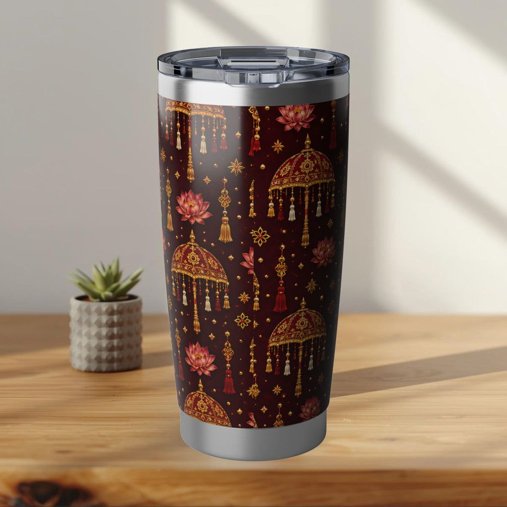 Sri Lanka Sesath Umbrella & Lotus Tumbler 20oz | Burgundy & Gold