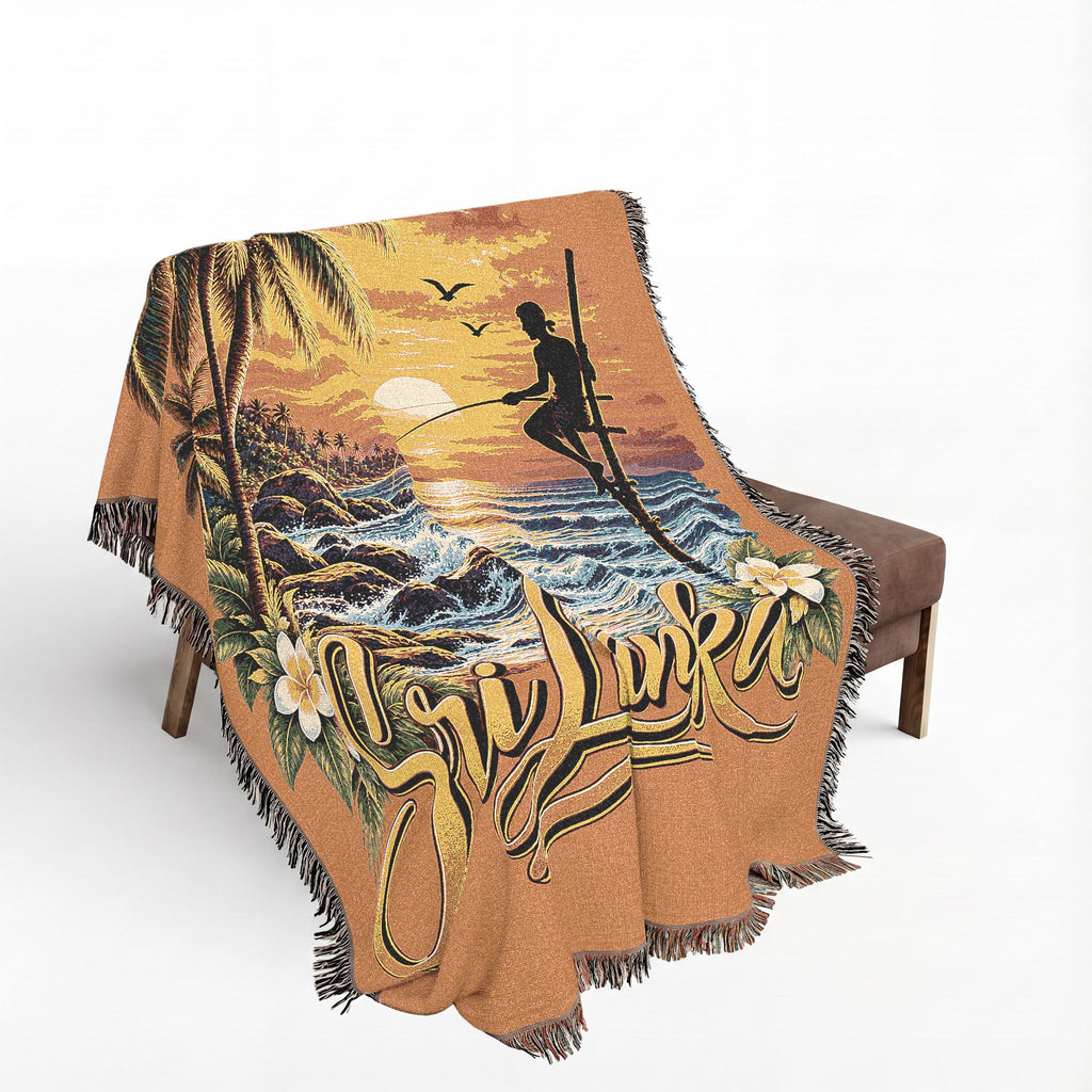 Sri Lanka Woven Cotton Blanket Stilt Fisherman Sunset