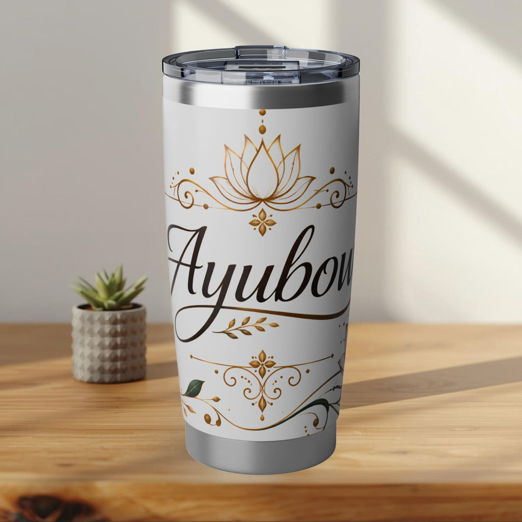 Ayubowan Sri Lankan Welcome Tumbler Gold Lotus Filigree 20oz Stainless Steel Travel Mug