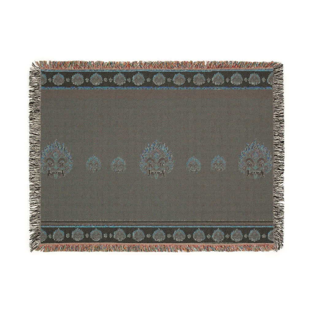Raksha Mask Woven Throw Blanket Sri Lankan Devil Dance Heritage Fringe Blanket
