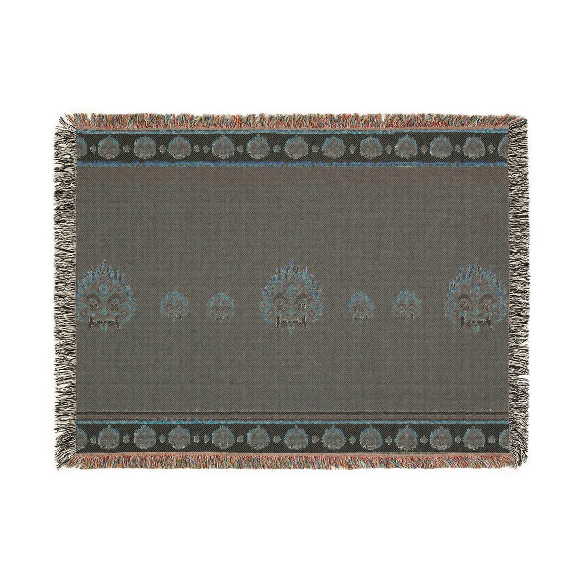 Raksha Mask Woven Throw Blanket Sri Lankan Devil Dance Heritage Fringe Blanket