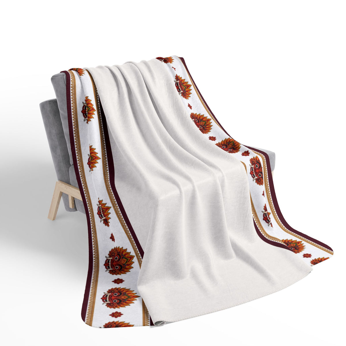 Raksha Mask Border Fleece Blanket Sri Lankan Devil Dance Sherpa Throw | Ceylon Culture Vibes