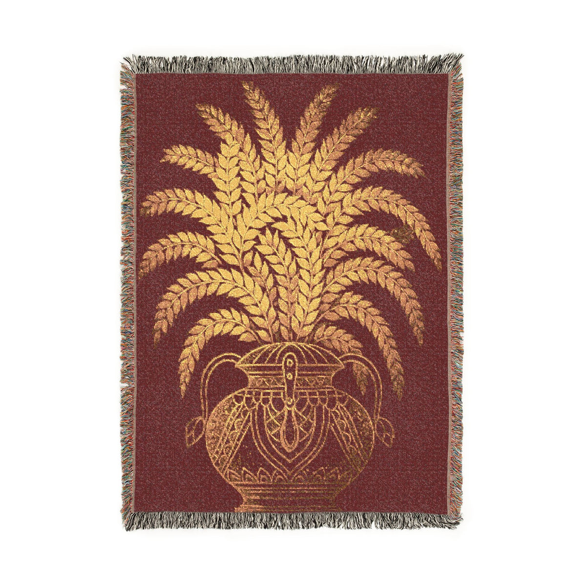 Punkalasa Woven Throw Blanket Sri Lankan Heritage Burgundy Gold Cotton Fringe Blanket