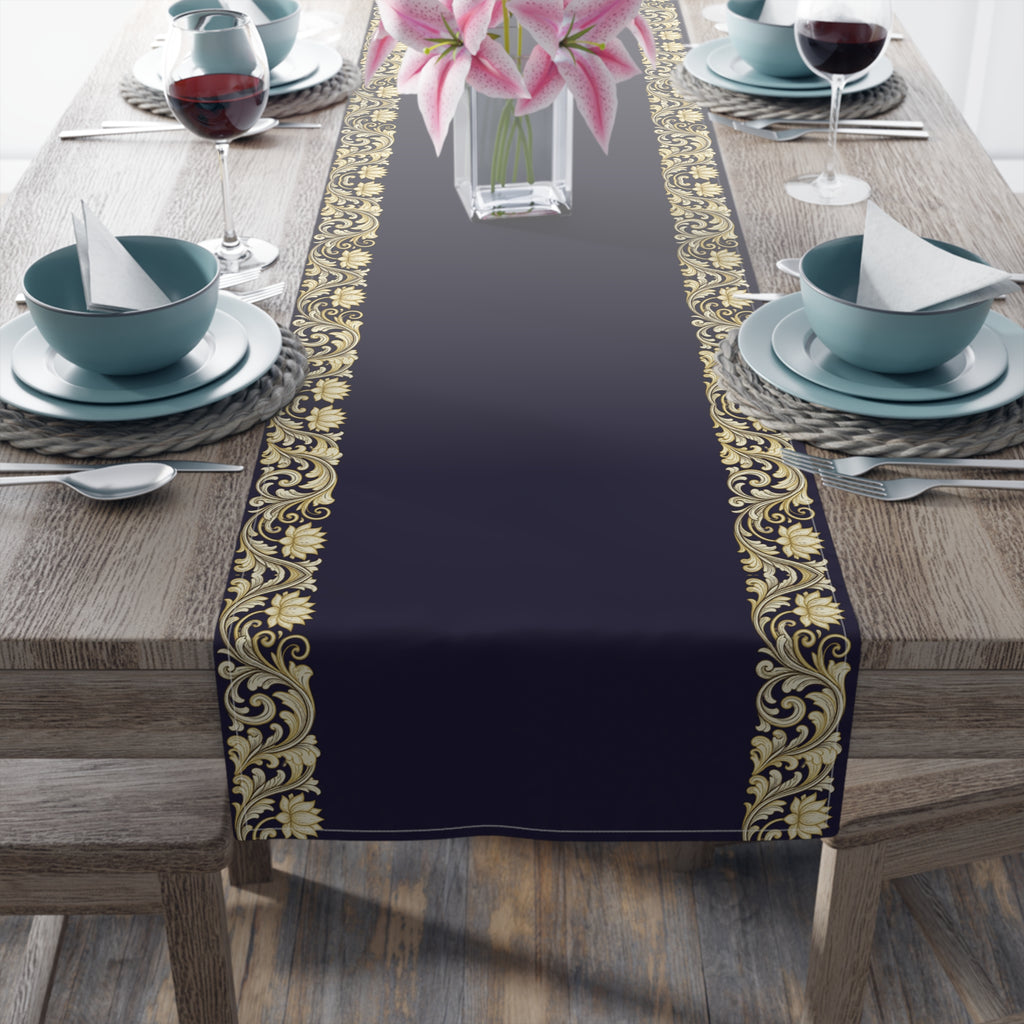 Navy & Gold Baroque Table Runner | Elegant Dining Décor