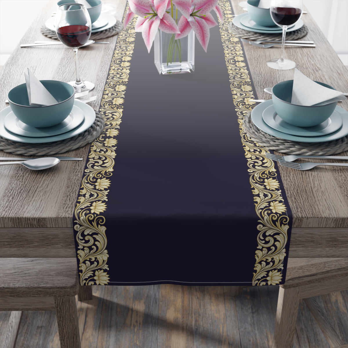 Navy & Gold Baroque Table Runner | Elegant Dining Décor