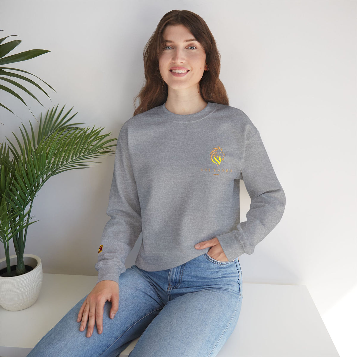 Embroideredlion face srilanka flag Minimal Palm Crest Sweatshirt — Small Tropical Logo Crewneck