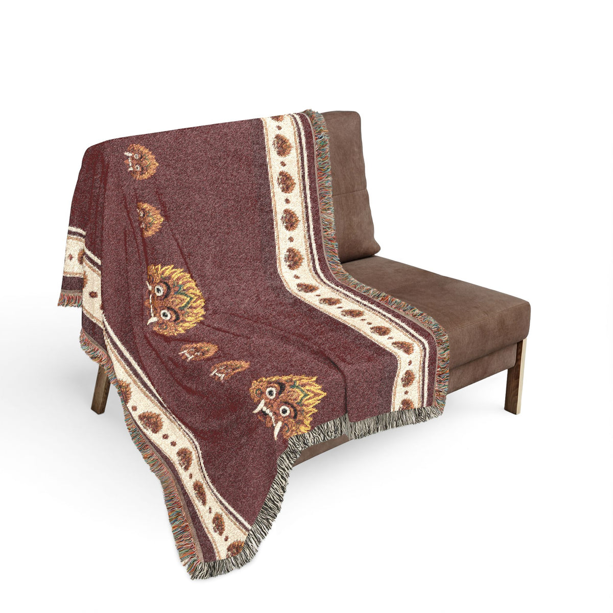 Raksha Mask Woven Throw Blanket Sri Lankan Devil Dance Heritage Fringe Blanket