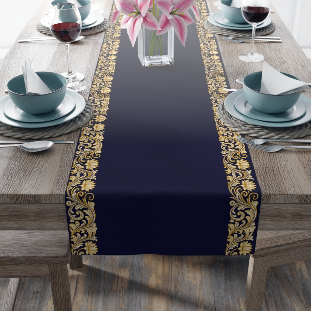 Navy & Gold Baroque Table Runner | Elegant Dining Décor