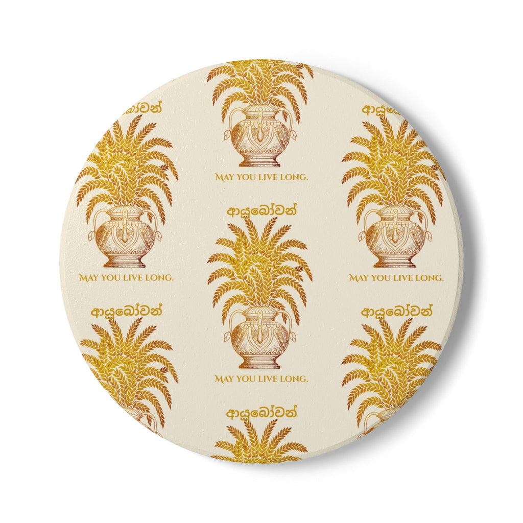 Ayubowan Ceramic Coaster Sri Lankan Punkalasa Gold Blessing Repeat Pattern Drink Coaster
