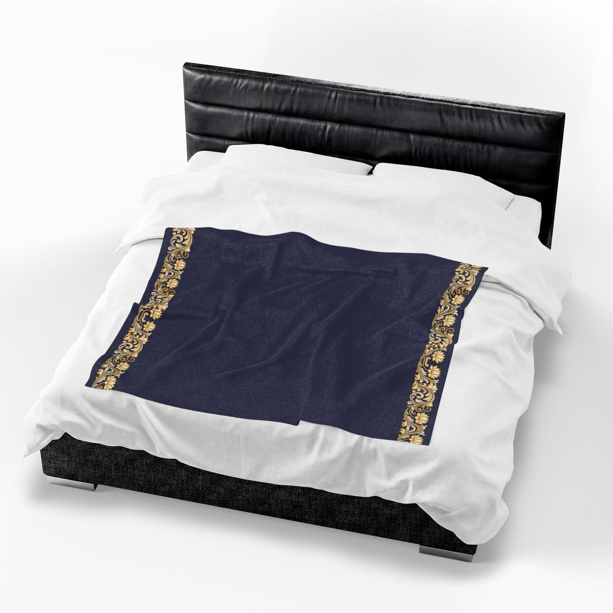 Navy & Gold Floral Border Velveteen Plush Blanket