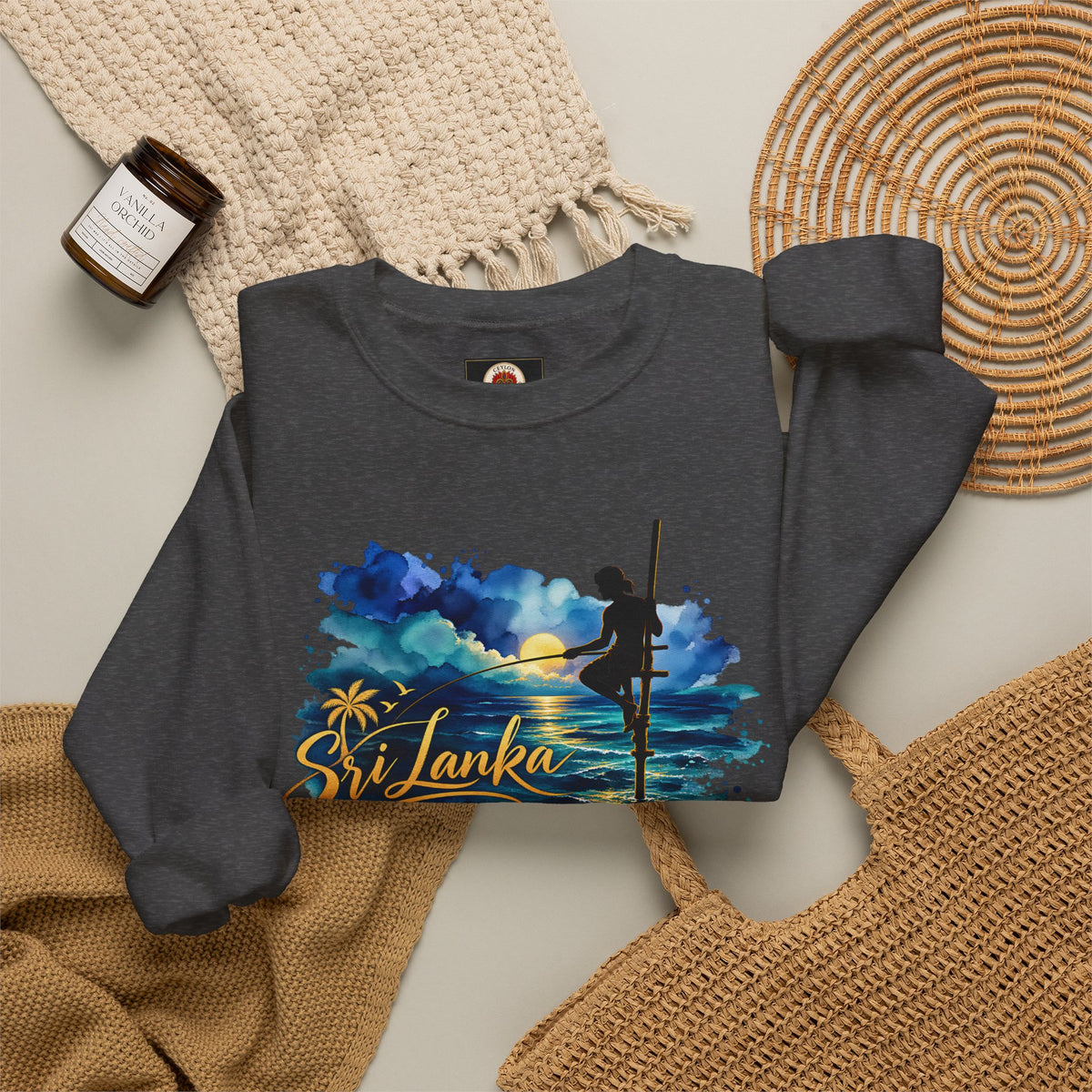 Sri Lanka Surf Crewneck Sweatshirt - Watercolor Stilt Fisherman Graphic