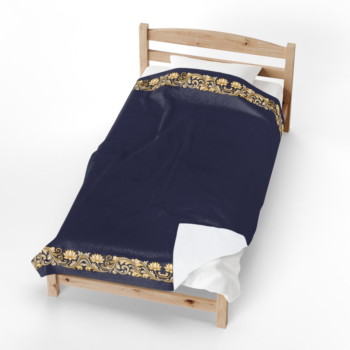 Navy & Gold Floral Border Velveteen Plush Blanket