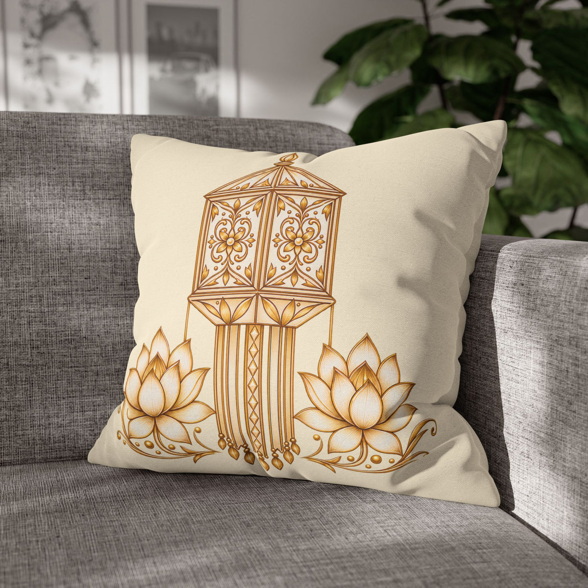 Lotus & Lantern Cushion Cover – Sri Lankan Gift Pillowcase