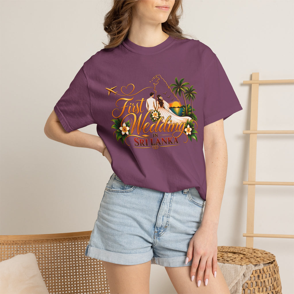 Sri Lanka Destination Wedding T-Shirt — "First Wedding Sri Lanka" Couple Tee (Roshini & Rohan 2026)