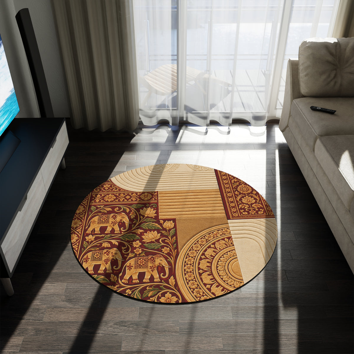 Sri Lankan Elephant & Lotus Round Rug | Heritage Gold