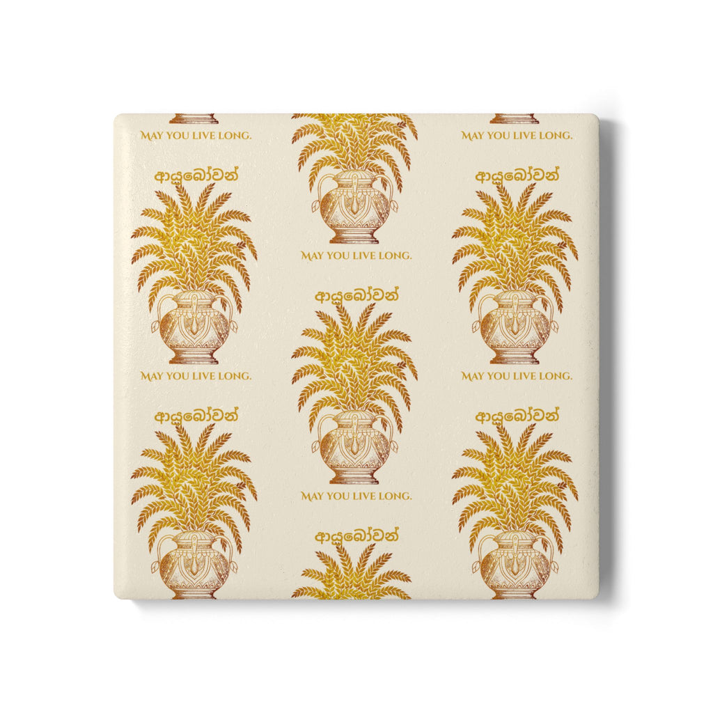 Ayubowan Ceramic Coaster Sri Lankan Punkalasa Gold Blessing Repeat Pattern Drink Coaster