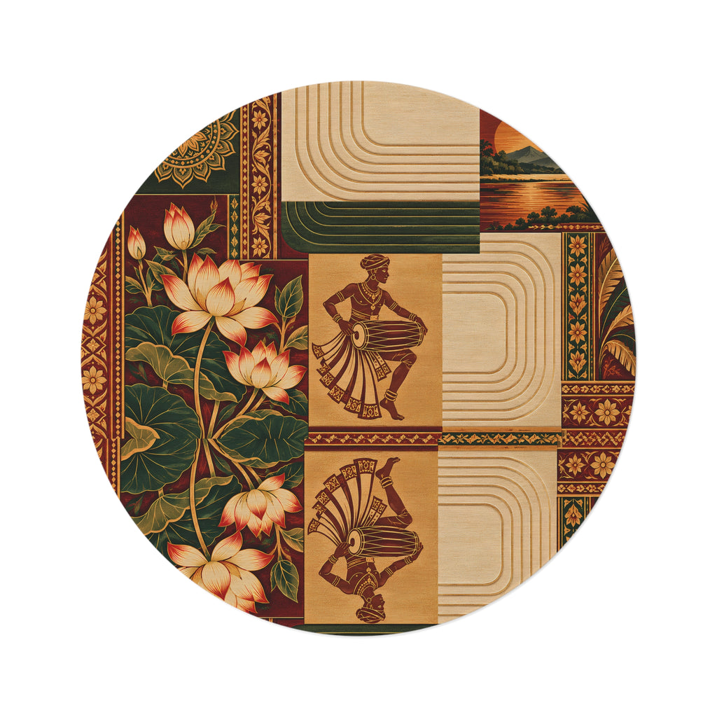 Sri Lankan Lotus & Traditional Drummer Round Rug
