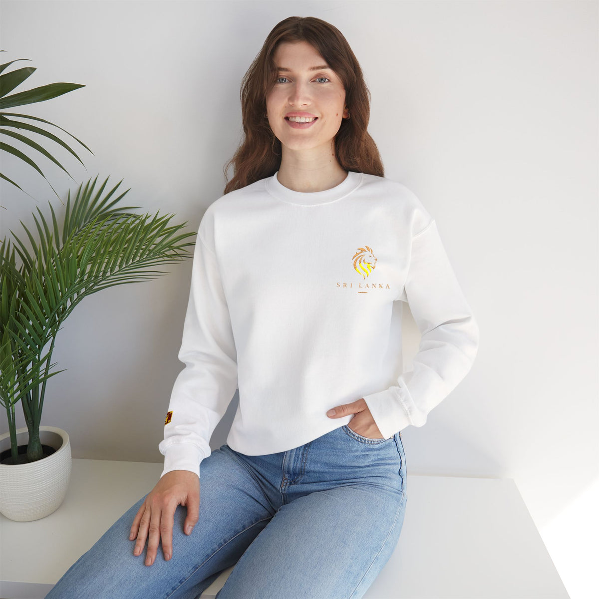 Embroideredlion face srilanka flag Minimal Palm Crest Sweatshirt — Small Tropical Logo Crewneck