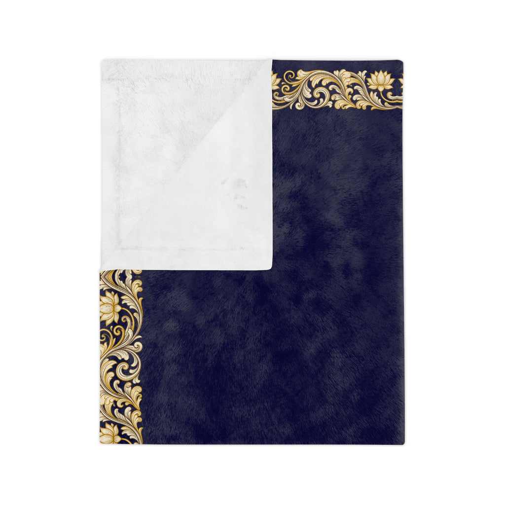 Navy & Gold Ornate Border Velveteen Microfiber Blanket