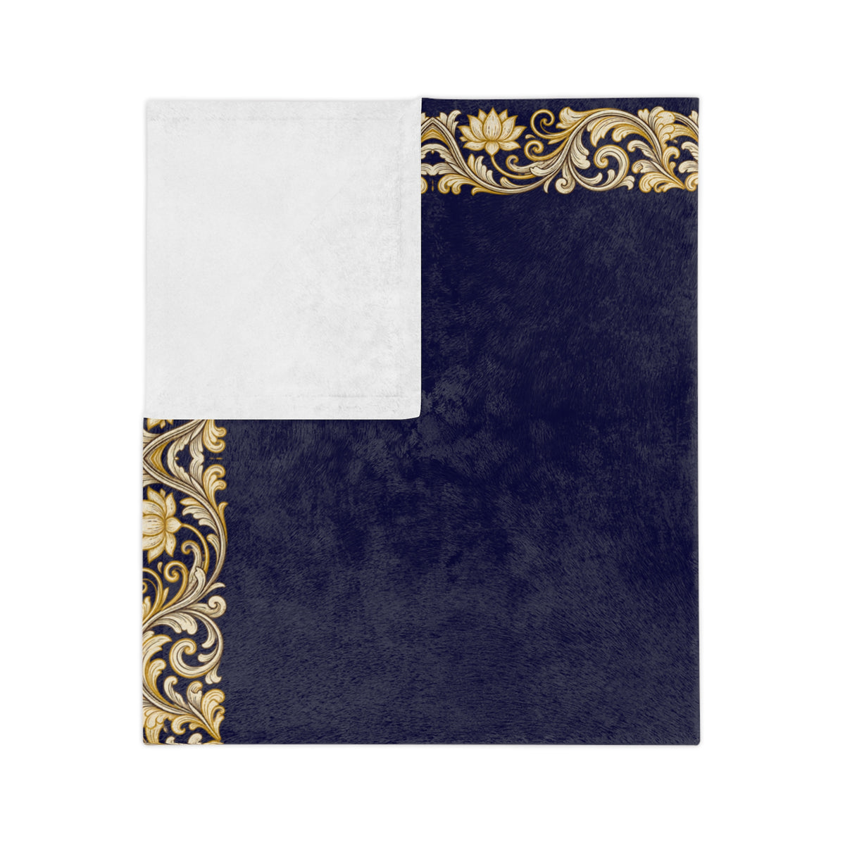 Navy & Gold Ornate Border Velveteen Microfiber Blanket