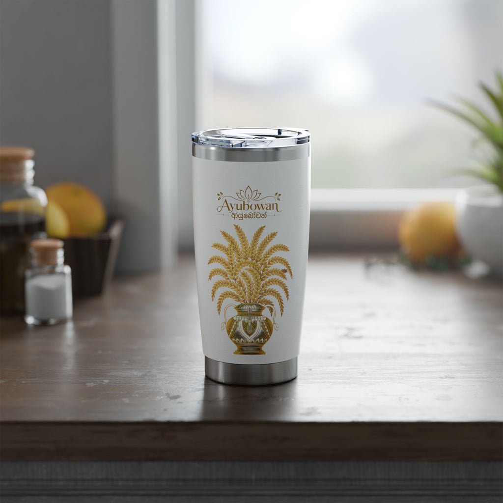 Ayubowan Punkalasa Travel Tumbler Sri Lankan Gold Blessing White 20oz Stainless Steel Cup