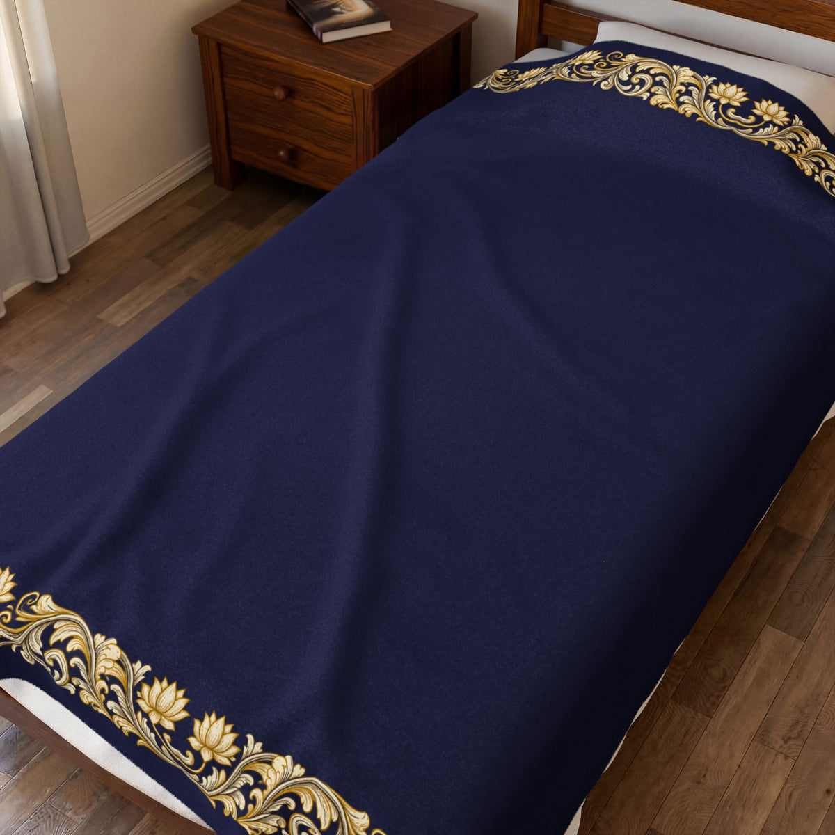 Navy & Gold Floral Border Velveteen Plush Blanket