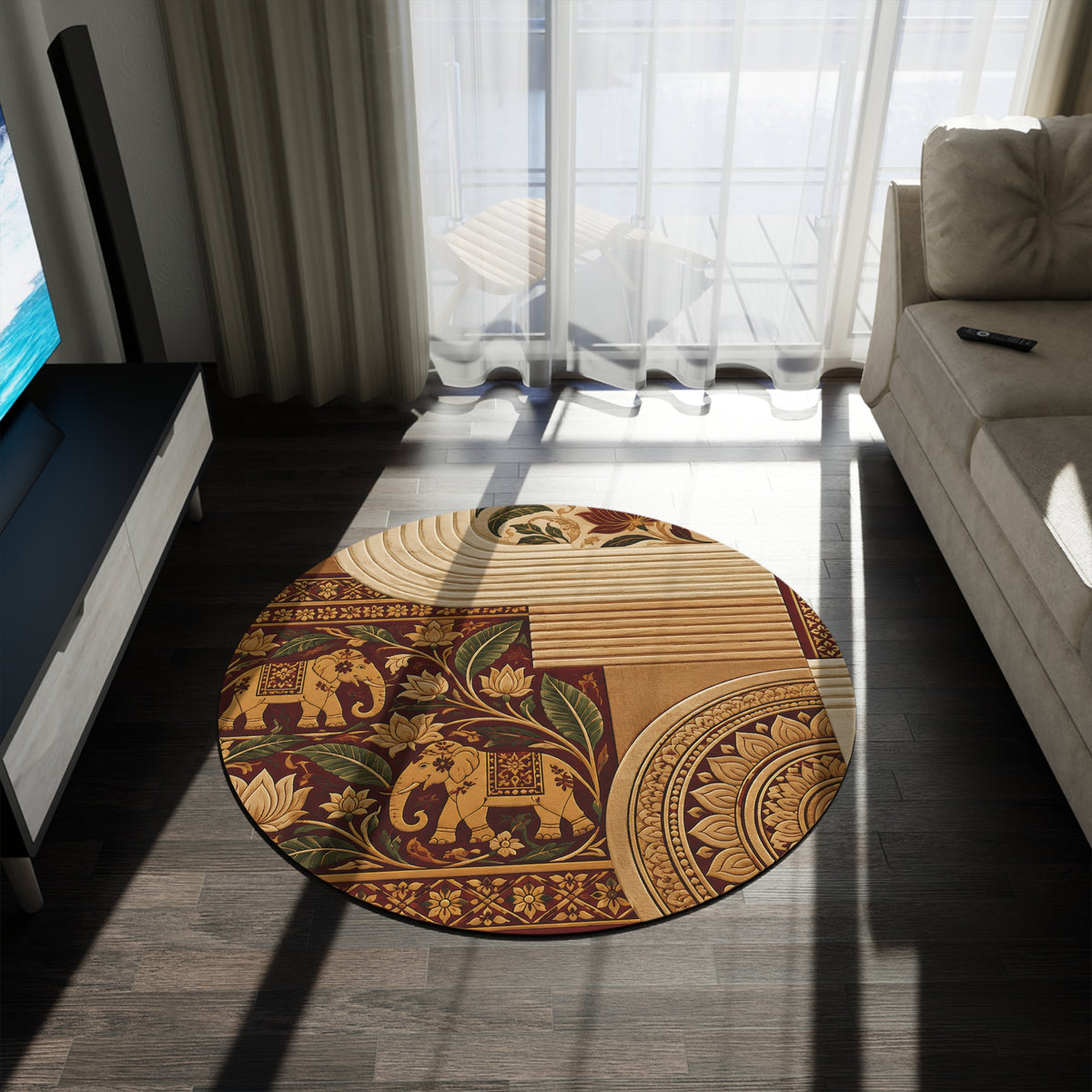 Sri Lankan Elephant Round Rug | Burgundy & Gold Heritage