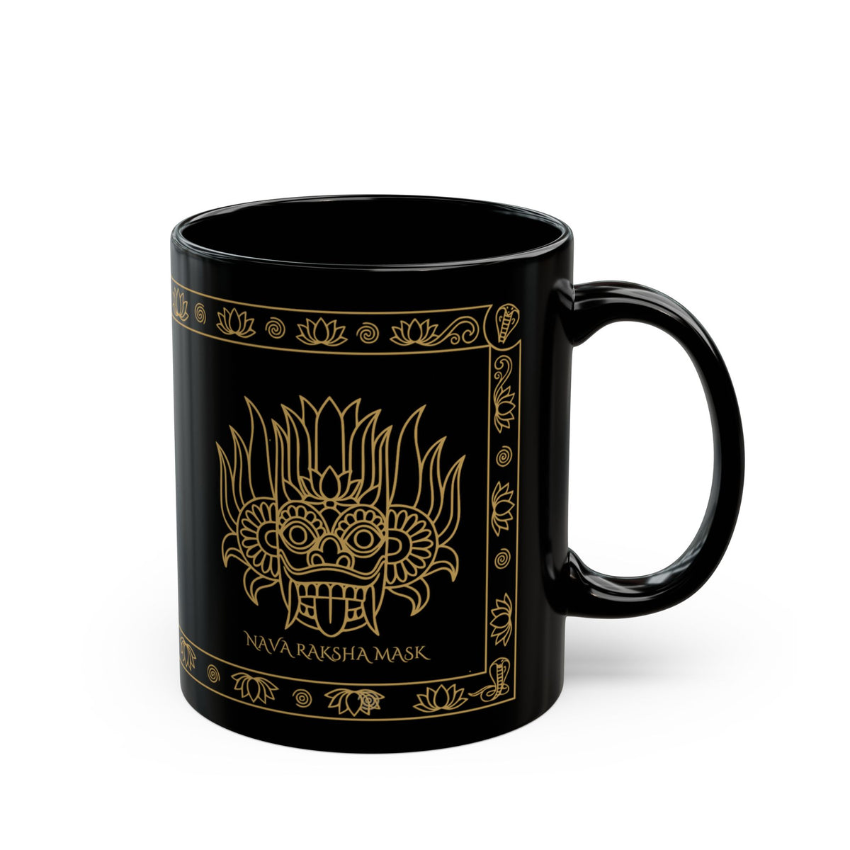 Nava Raksha Mask Black Mug Gold Sri Lankan Folk Art Coffee Cup