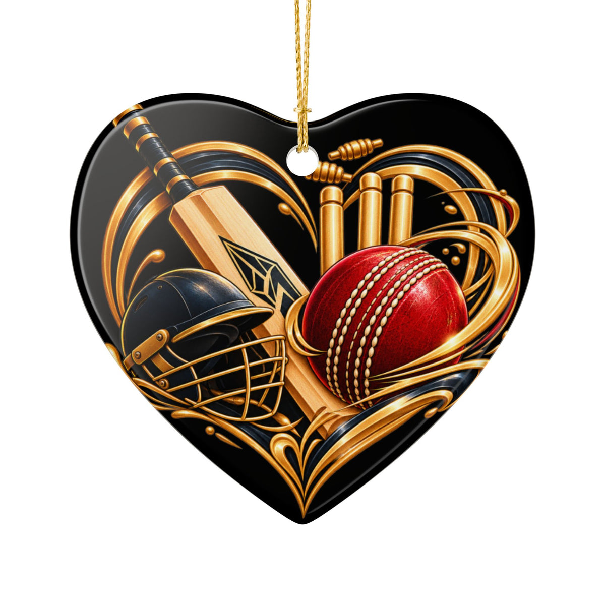 Cricket Heart Ornament  Ceramic Sports Decoration with Bat, Ball & Helmet