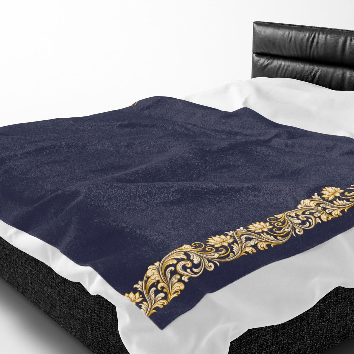 Navy & Gold Floral Border Velveteen Plush Blanket