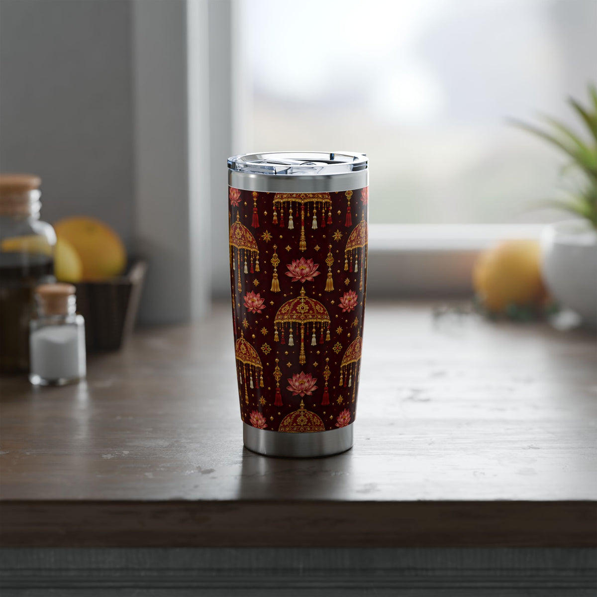Sri Lanka Sesath Umbrella & Lotus Tumbler 20oz | Burgundy & Gold