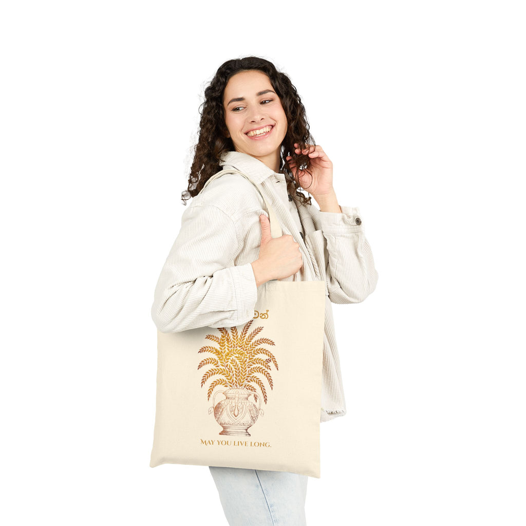 Ayubowan Canvas Tote Bag Sri Lankan Punkalasa Gold Blessing May You Live Long Cotton Shopper