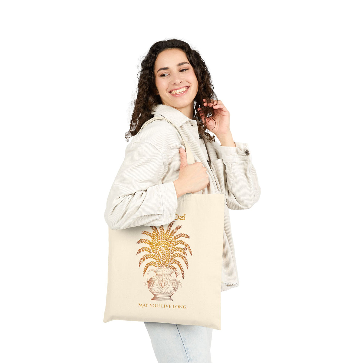 Ayubowan Canvas Tote Bag Sri Lankan Punkalasa Gold Blessing May You Live Long Cotton Shopper