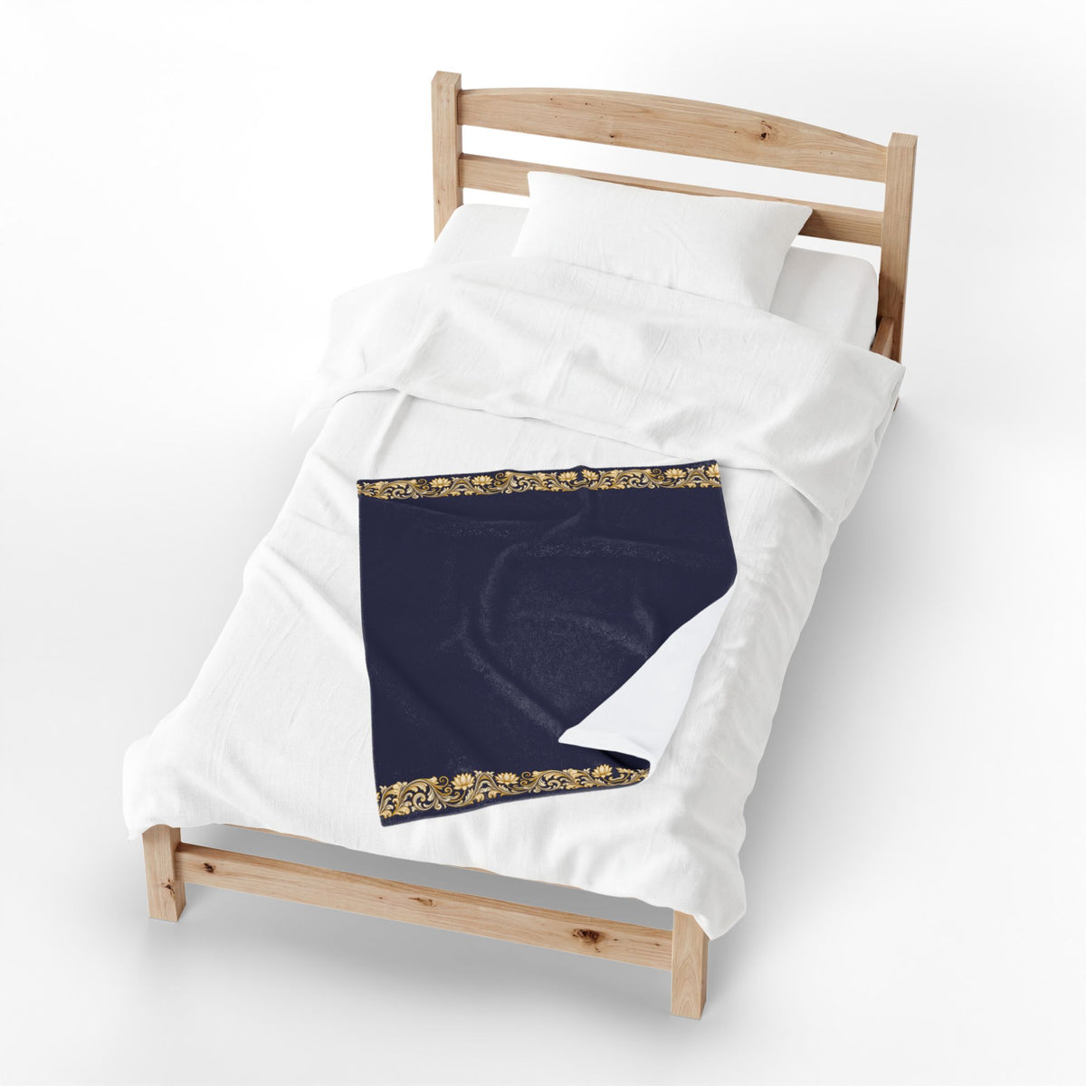 Navy & Gold Floral Border Velveteen Plush Blanket