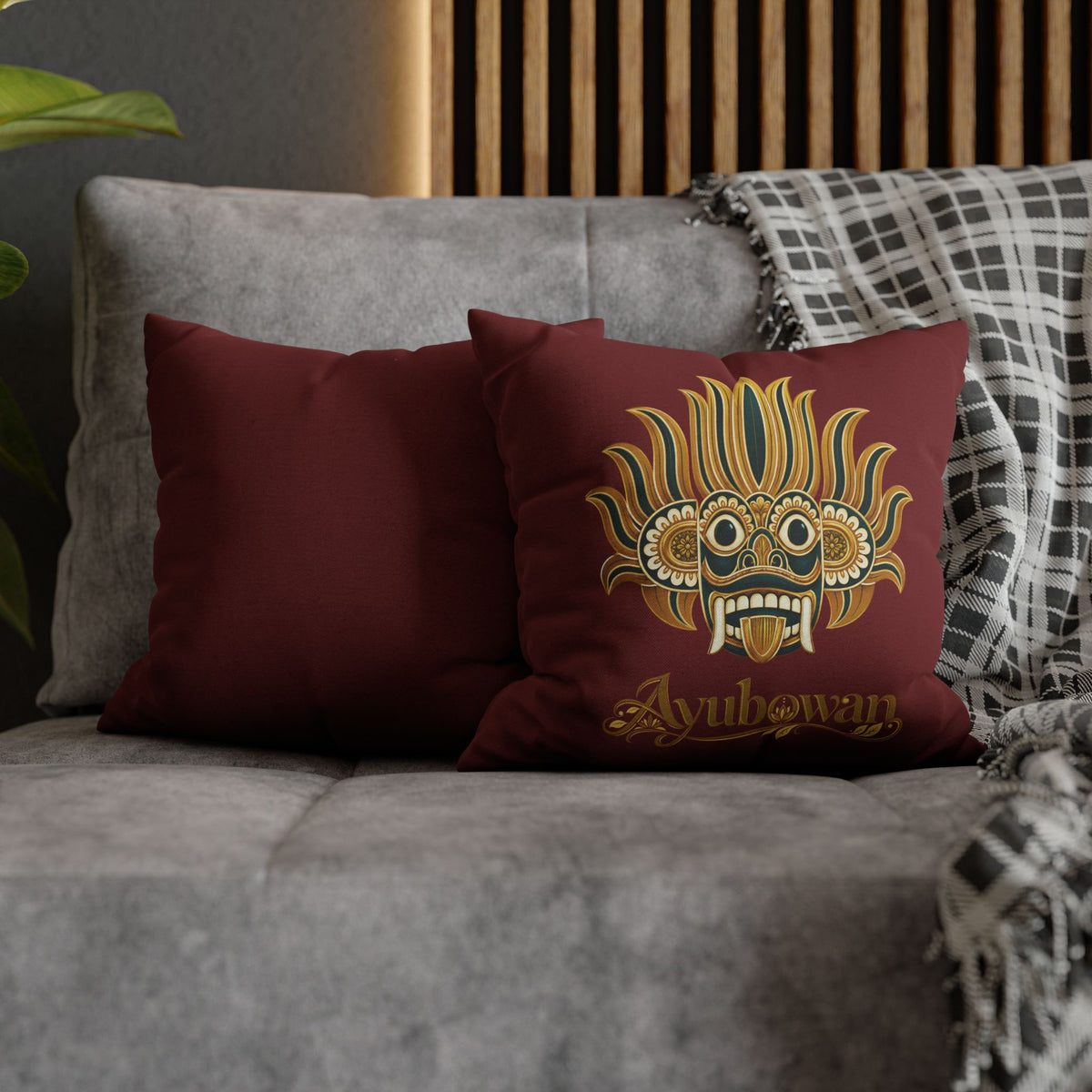 Ayubowan Mask Cushion Cover Maroon Sri Lankan Gift Pillowcase