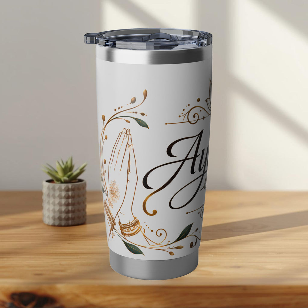 Ayubowan Sri Lankan Welcome Tumbler Gold Lotus Filigree 20oz Stainless Steel Travel Mug