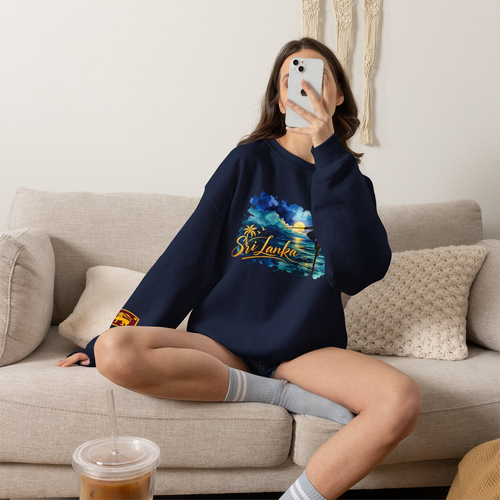 Sri Lanka Surf Crewneck Sweatshirt - Watercolor Stilt Fisherman Graphic